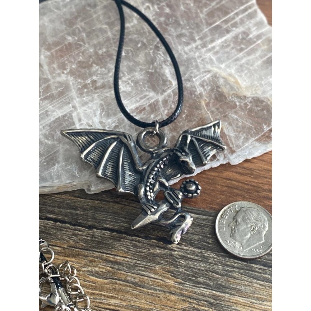 American Silver Pewter Dragon with Sword Protection Pendant Necklace
